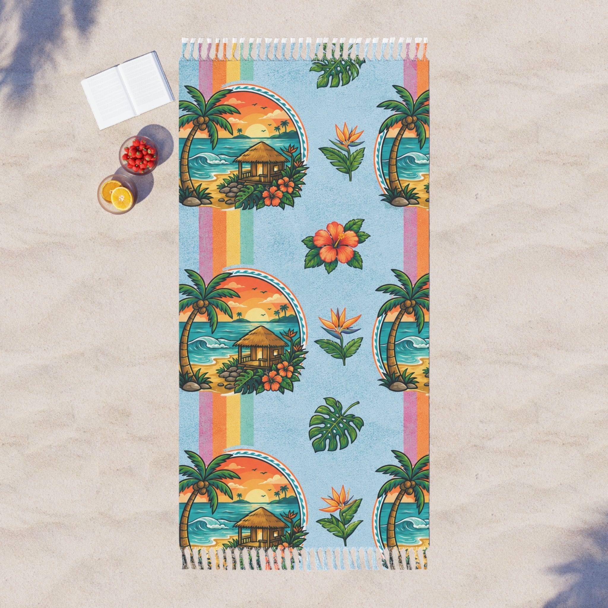 Boho Beach Towel — Tropical Sunset Palm & Hibiscus Print