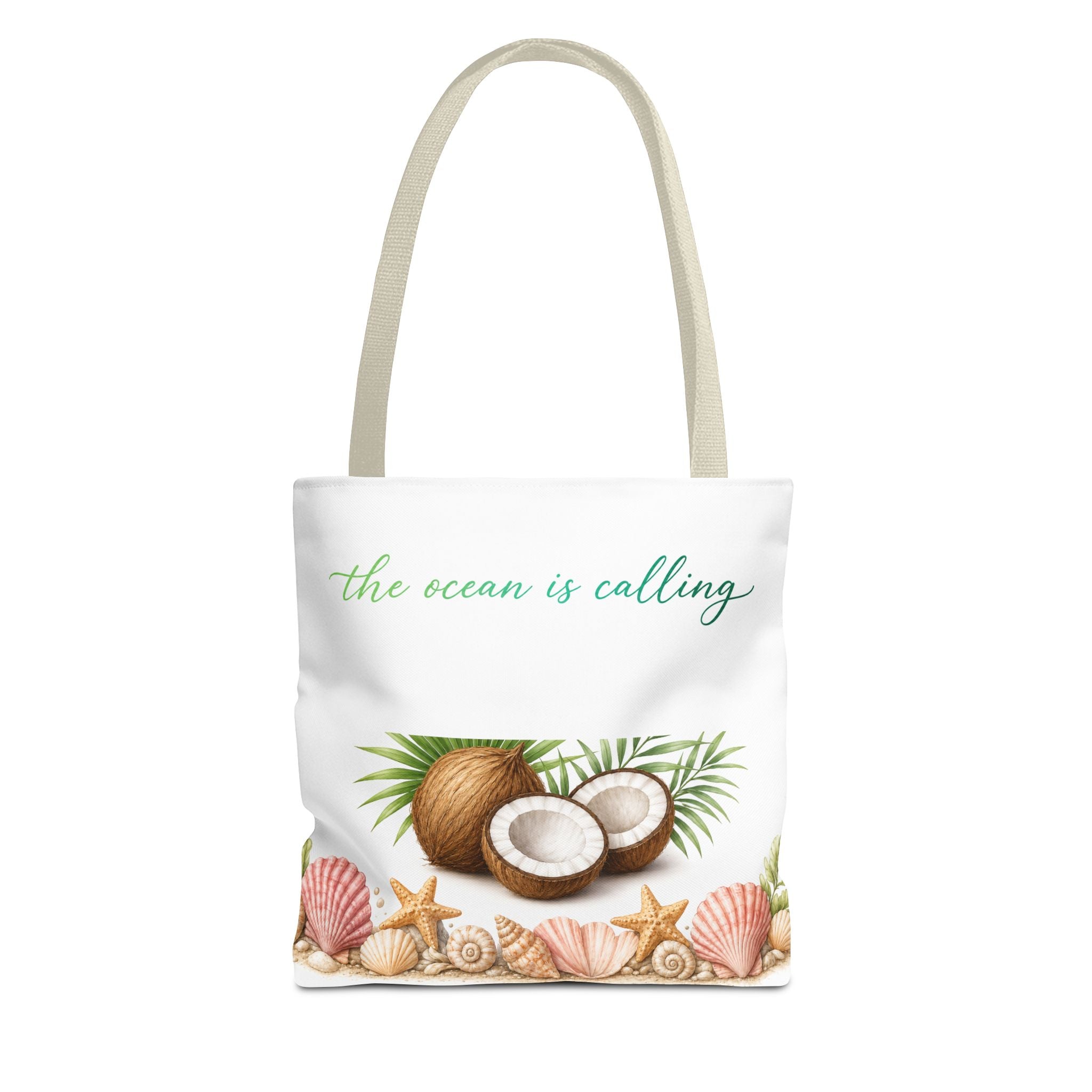 Beach Vibes Coconut Tote — “The Ocean Is Calling” All-Over Print