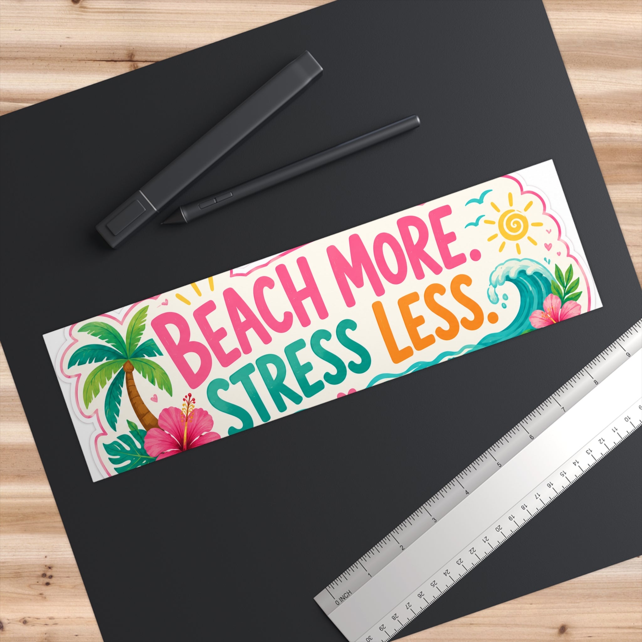 Beach More, Stress Less Bumper Sticker — Tropical Palm & Wave Car Decal