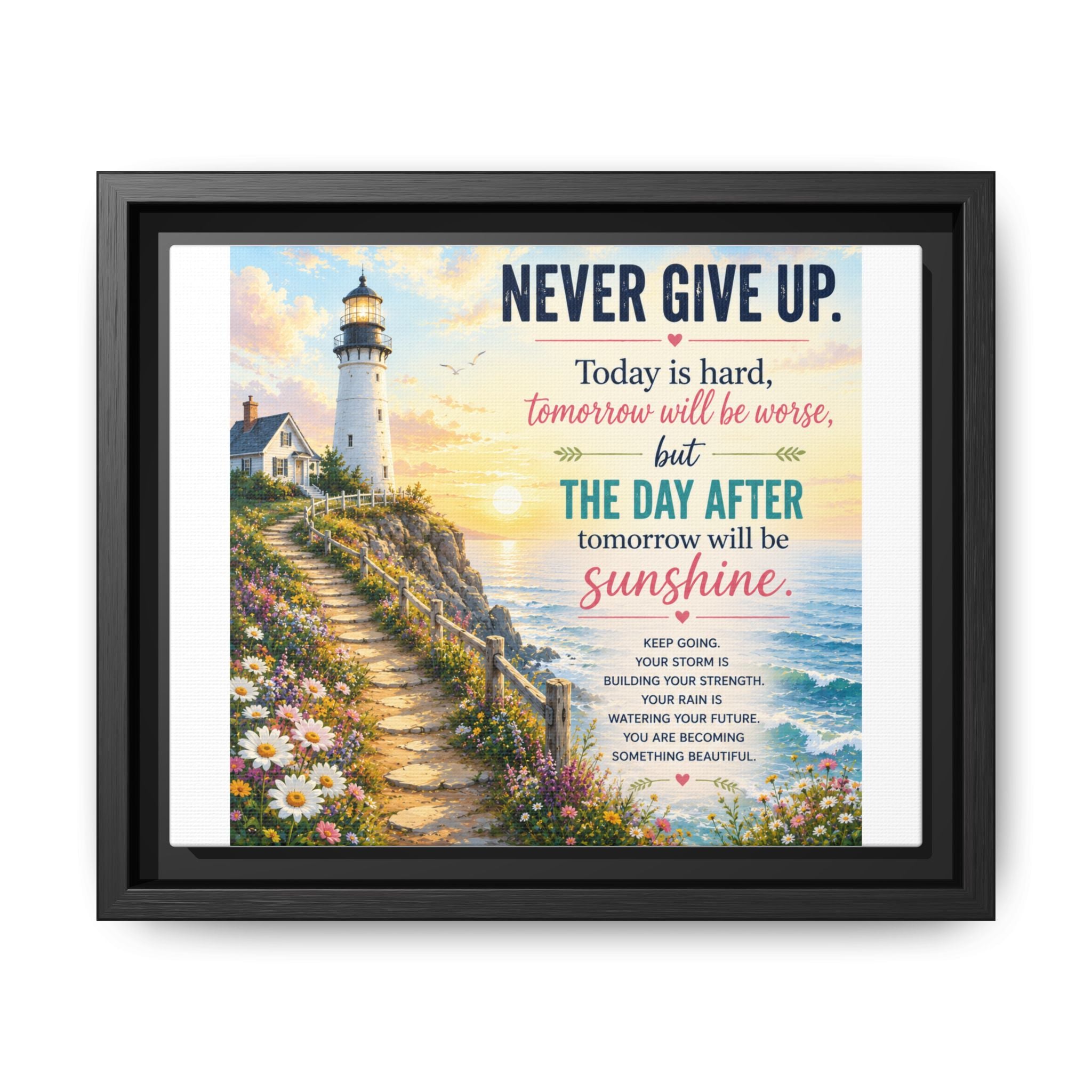 Never Give Up Lighthouse Framed Canvas - Inspirational Wall Art