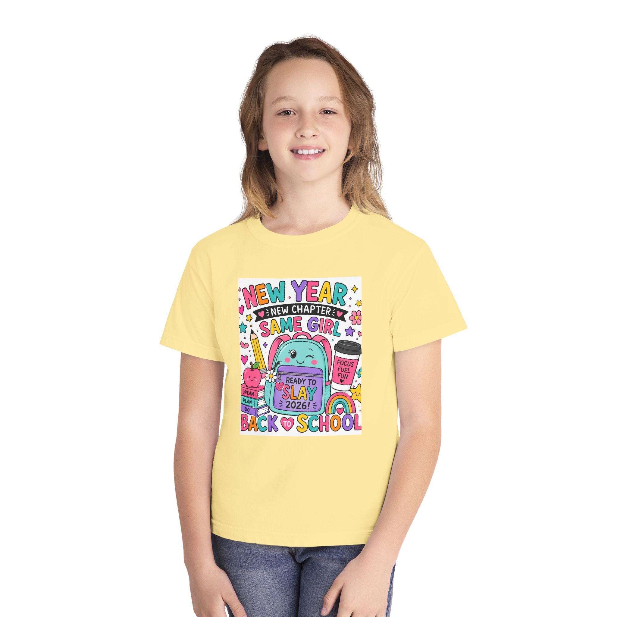 Youth Graphic Tee — "New Year, New Chapter, Same Girl" Back-to-School Cute Rainbow Design